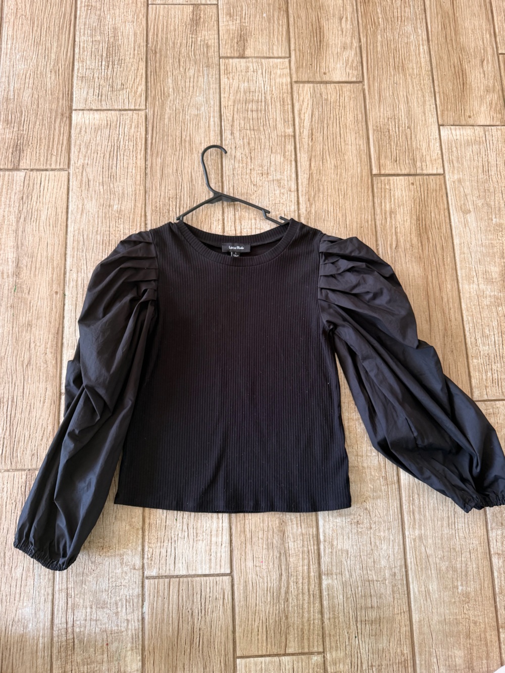 Black Puff-Sleeve Ribbed Knit Top